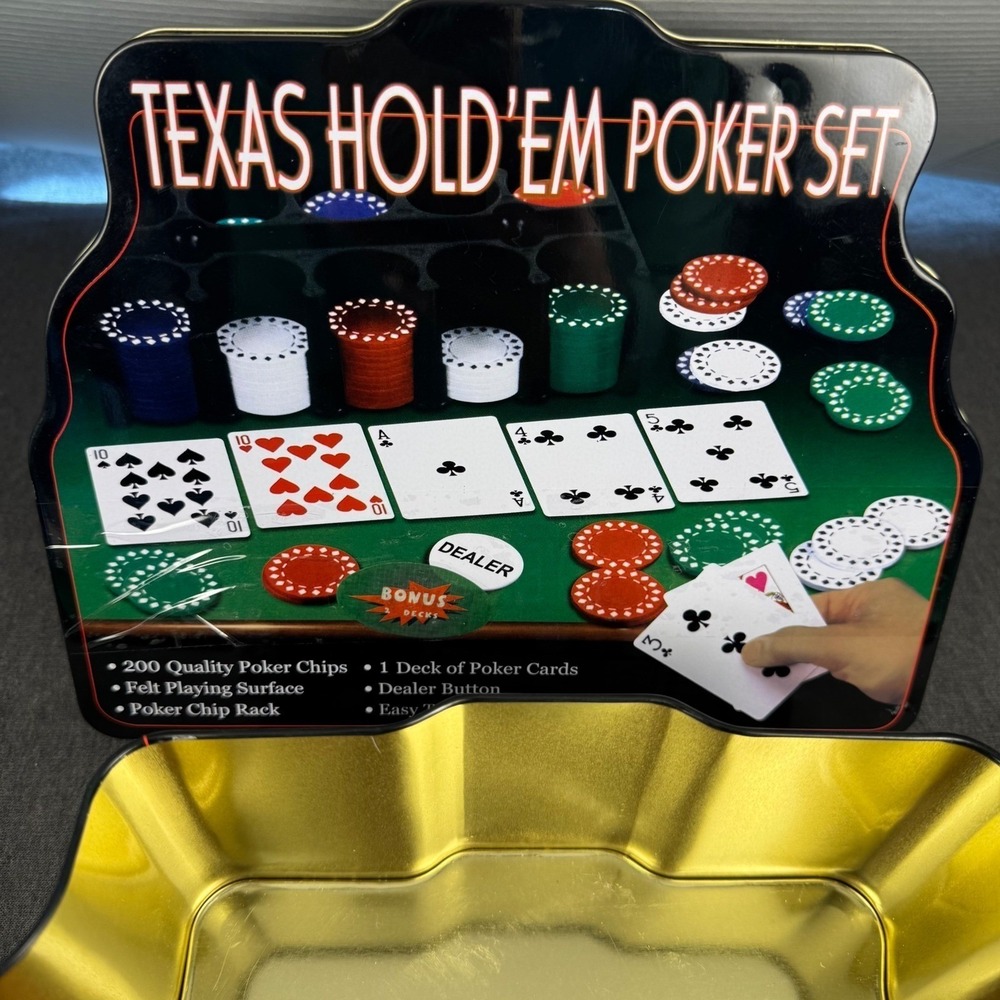 Texas Holdem Poker Set 200 Chips Cards Dealer Button Tin Case
